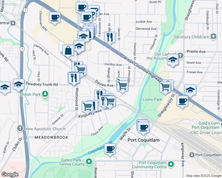 map of restaurants, bars, coffee shops, grocery stores, and more near 2552 Davies Avenue in Port Coquitlam