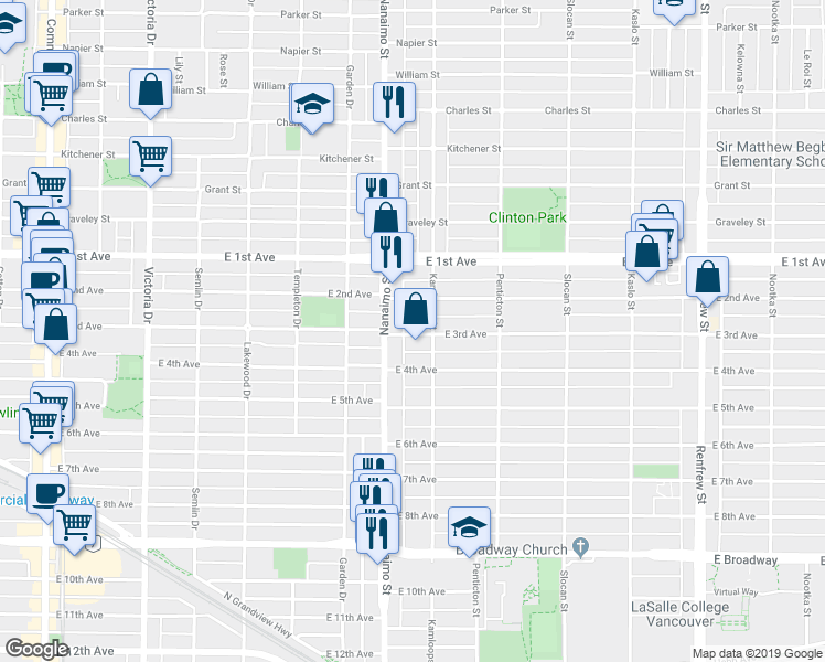 map of restaurants, bars, coffee shops, grocery stores, and more near 2457 East 3rd Avenue in Vancouver