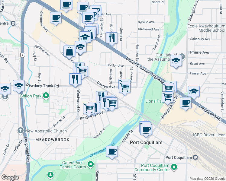 map of restaurants, bars, coffee shops, grocery stores, and more near 2572 Davies Avenue in Port Coquitlam