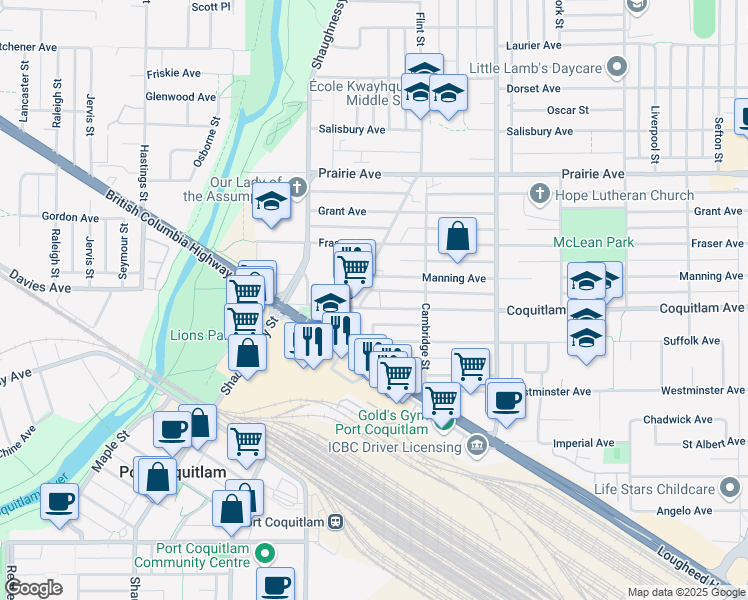map of restaurants, bars, coffee shops, grocery stores, and more near 2083 Coquitlam Avenue in Port Coquitlam