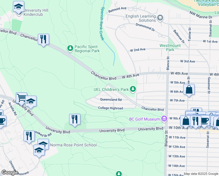map of restaurants, bars, coffee shops, grocery stores, and more near 4988 Chancellor Boulevard in Vancouver