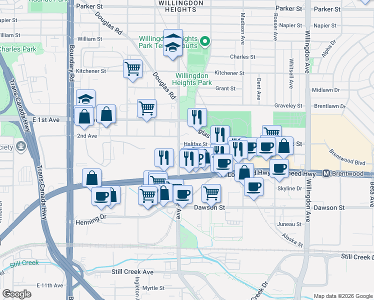 map of restaurants, bars, coffee shops, grocery stores, and more near 1888 Gilmore Avenue in Burnaby