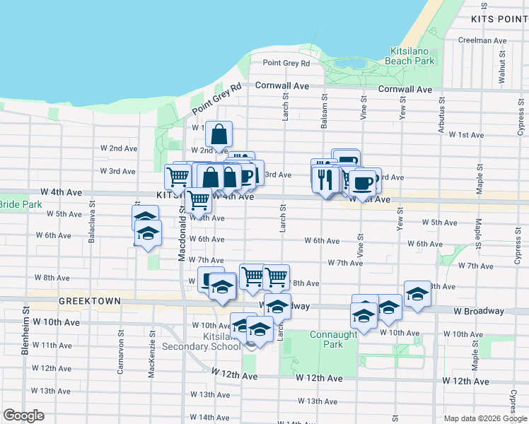 map of restaurants, bars, coffee shops, grocery stores, and more near 2545 West 5th Avenue in Vancouver