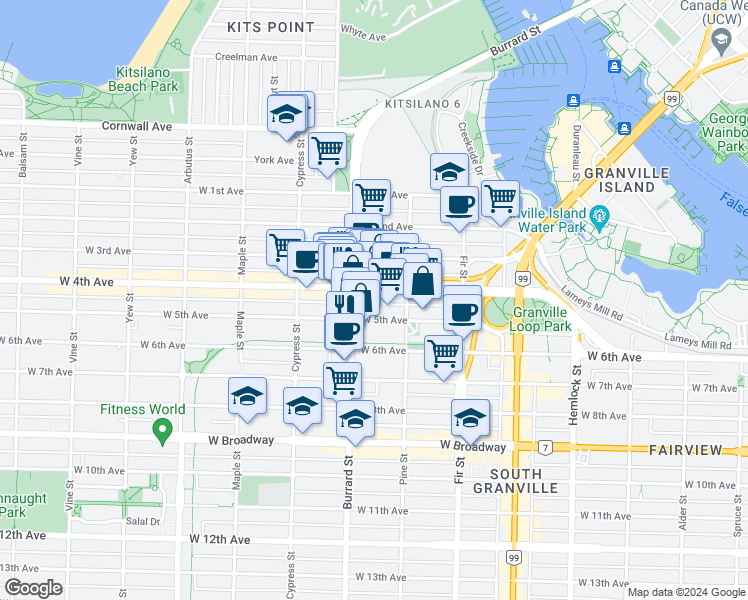 map of restaurants, bars, coffee shops, grocery stores, and more near 1766 West 4th Avenue in Vancouver