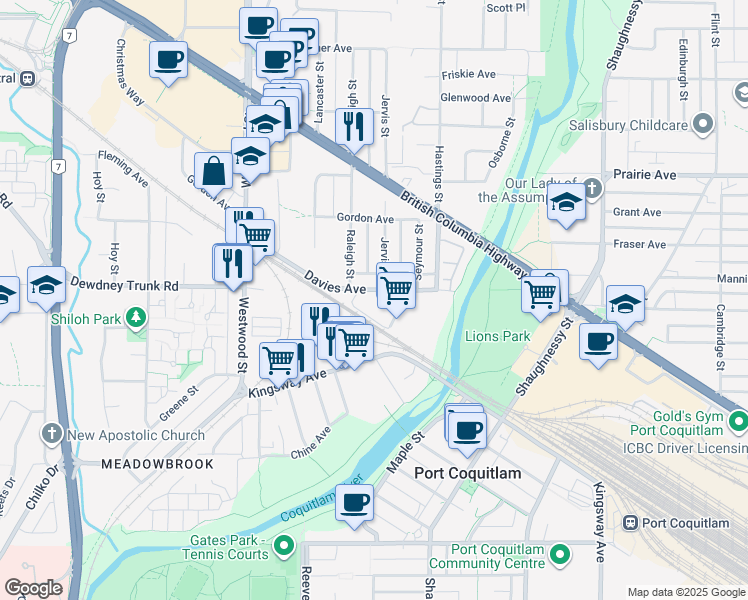 map of restaurants, bars, coffee shops, grocery stores, and more near 2552 Davies Avenue in Port Coquitlam