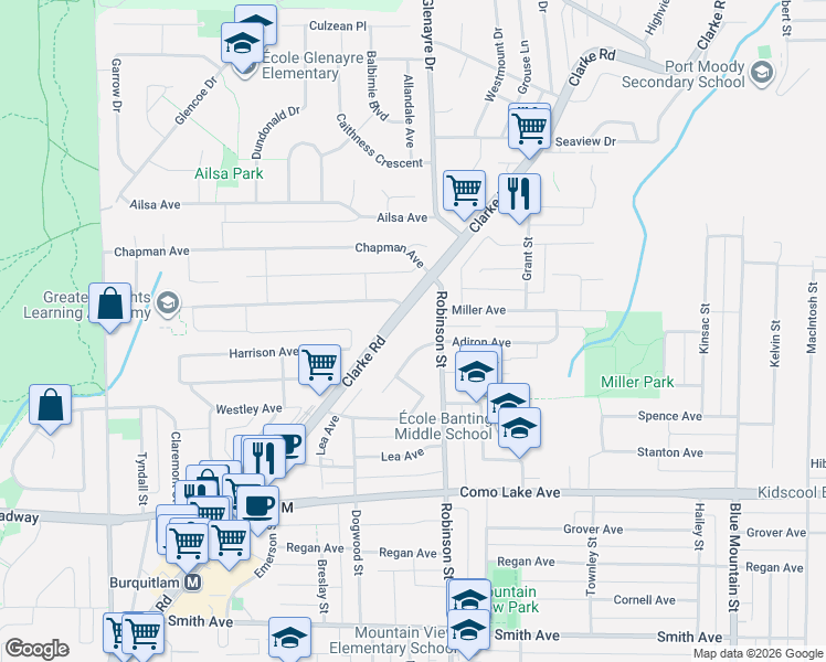 map of restaurants, bars, coffee shops, grocery stores, and more near 741 Anskar Court in Port Moody
