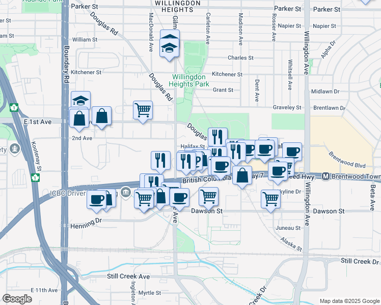 map of restaurants, bars, coffee shops, grocery stores, and more near in Burnaby