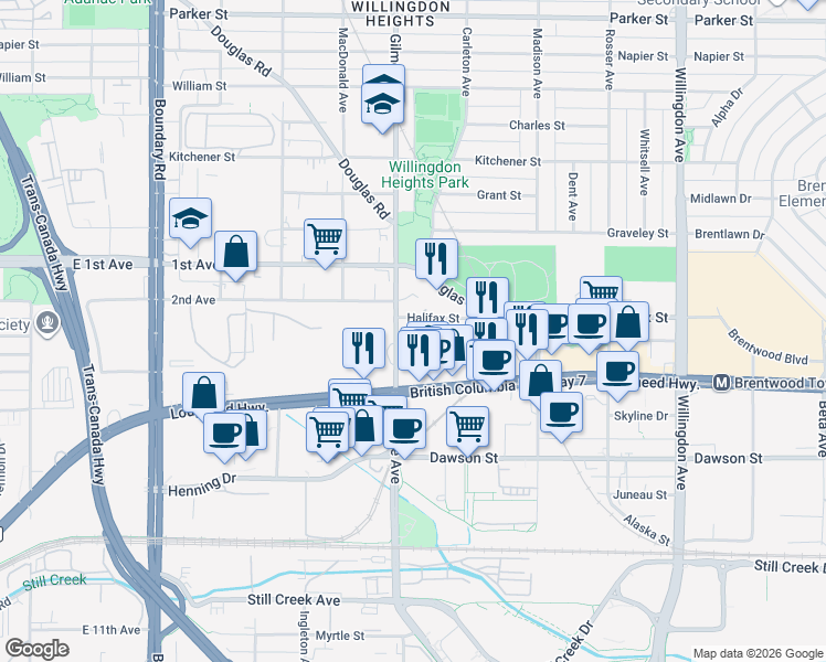 map of restaurants, bars, coffee shops, grocery stores, and more near in Burnaby