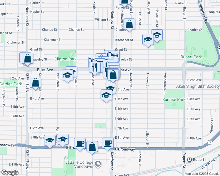 map of restaurants, bars, coffee shops, grocery stores, and more near in Vancouver