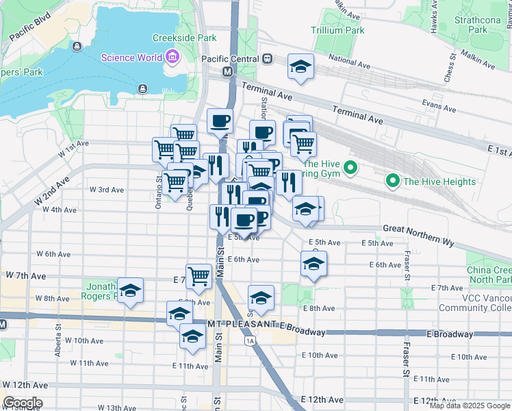map of restaurants, bars, coffee shops, grocery stores, and more near in Vancouver