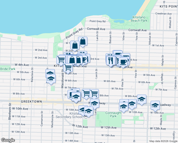 map of restaurants, bars, coffee shops, grocery stores, and more near in Vancouver