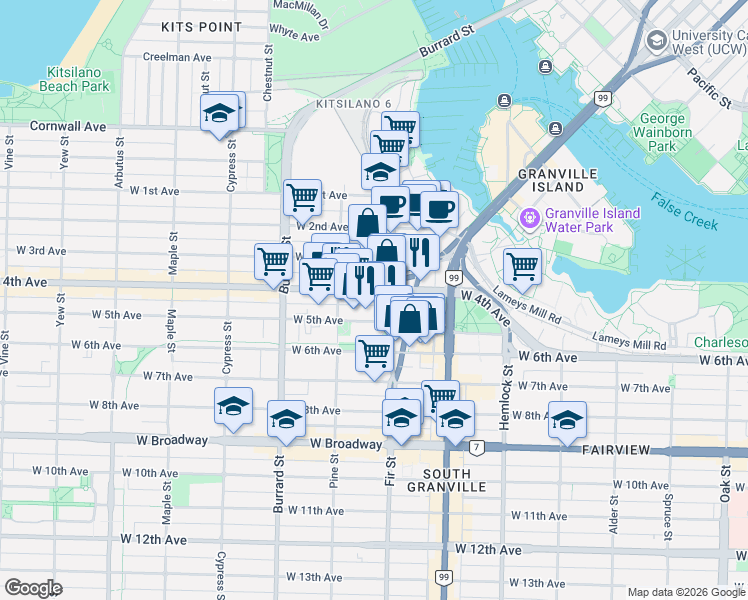 map of restaurants, bars, coffee shops, grocery stores, and more near 1628 West 4th Avenue in Vancouver