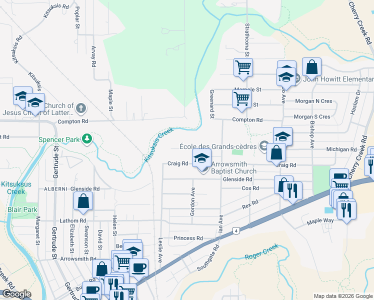 map of restaurants, bars, coffee shops, grocery stores, and more near 4318 Michigan Road in Port Alberni