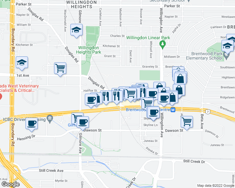 map of restaurants, bars, coffee shops, grocery stores, and more near 4290 Halifax Street in Burnaby