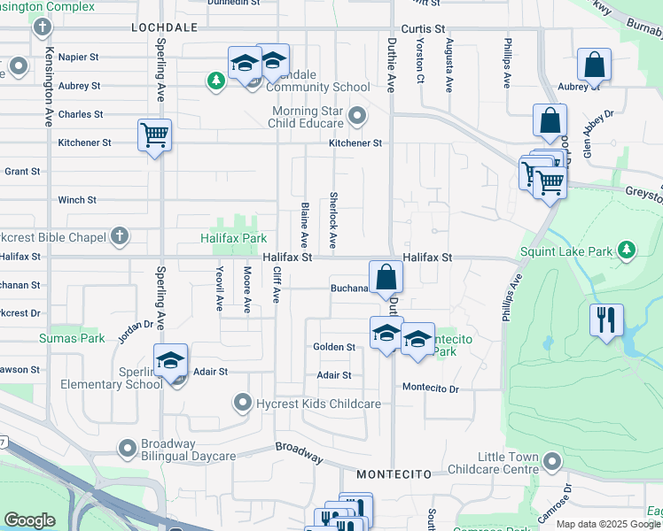 map of restaurants, bars, coffee shops, grocery stores, and more near 7088 Halifax Street in Burnaby