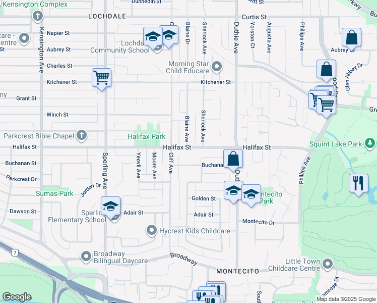 map of restaurants, bars, coffee shops, grocery stores, and more near 7040 Halifax Street in Burnaby