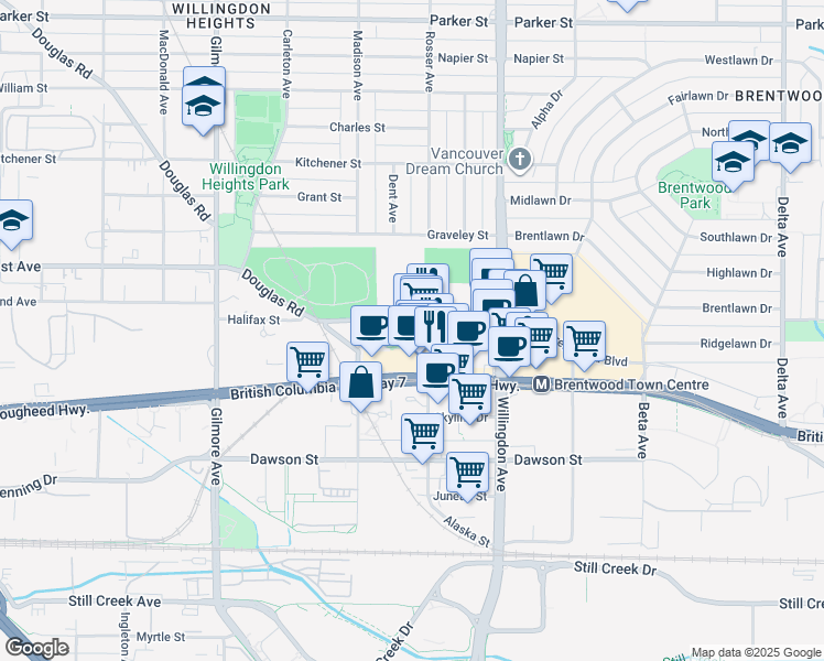 map of restaurants, bars, coffee shops, grocery stores, and more near 4380 Halifax Street in Burnaby