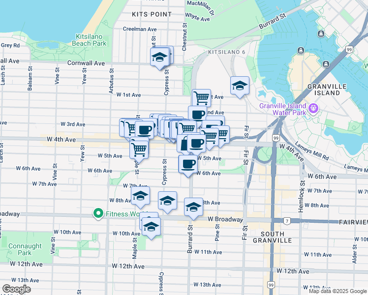 map of restaurants, bars, coffee shops, grocery stores, and more near in Vancouver