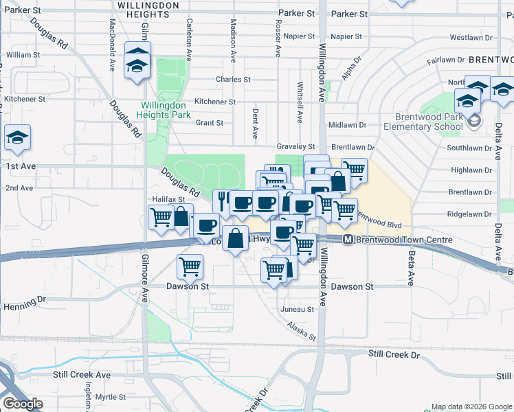 map of restaurants, bars, coffee shops, grocery stores, and more near 4397 Buchanan Street in Burnaby