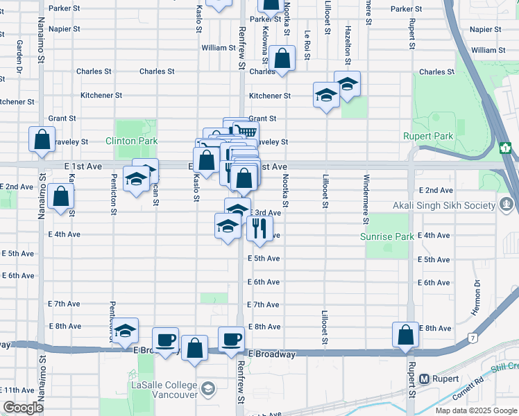 map of restaurants, bars, coffee shops, grocery stores, and more near 2929 East 3rd Avenue in Vancouver