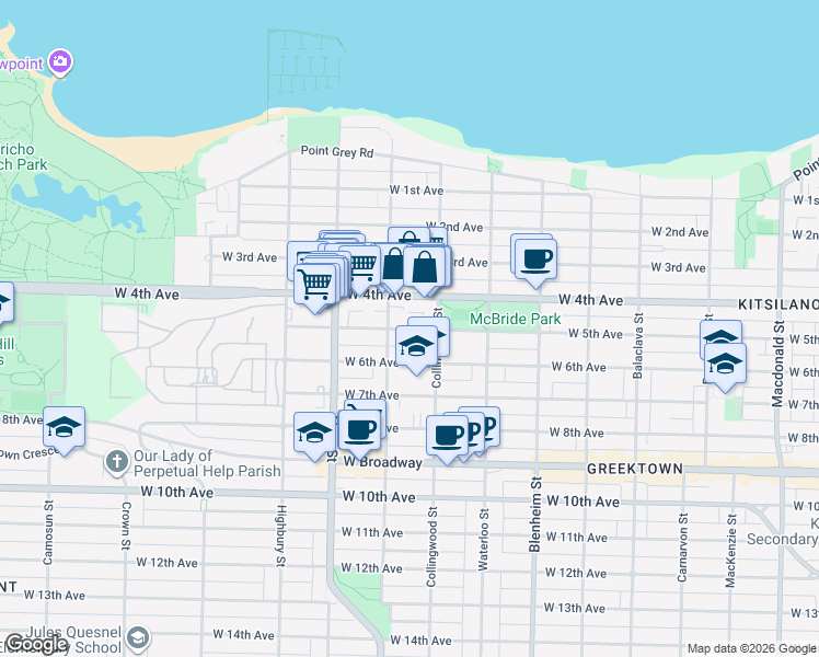 map of restaurants, bars, coffee shops, grocery stores, and more near 3537 West 5th Avenue in Vancouver