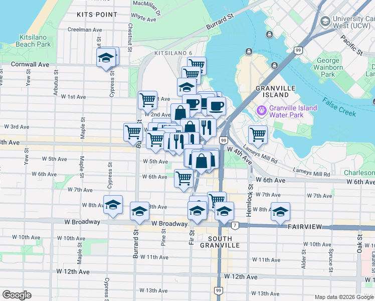 map of restaurants, bars, coffee shops, grocery stores, and more near 1628 West 4th Avenue in Vancouver