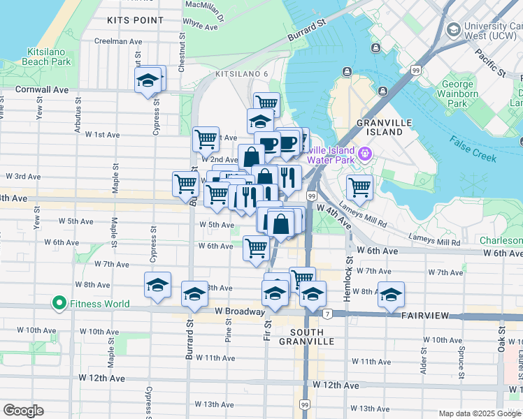 map of restaurants, bars, coffee shops, grocery stores, and more near 1628 West 4th Avenue in Vancouver