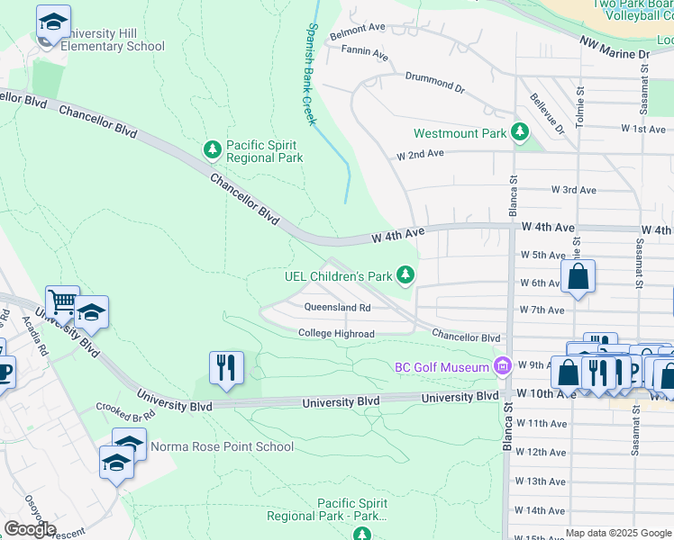 map of restaurants, bars, coffee shops, grocery stores, and more near 4988 Chancellor Boulevard in Vancouver