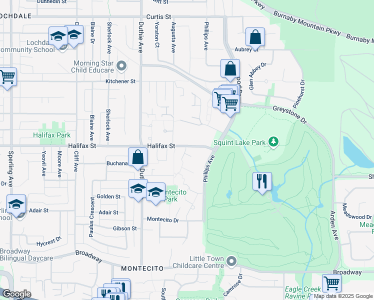 map of restaurants, bars, coffee shops, grocery stores, and more near 1843 Goleta Drive in Burnaby
