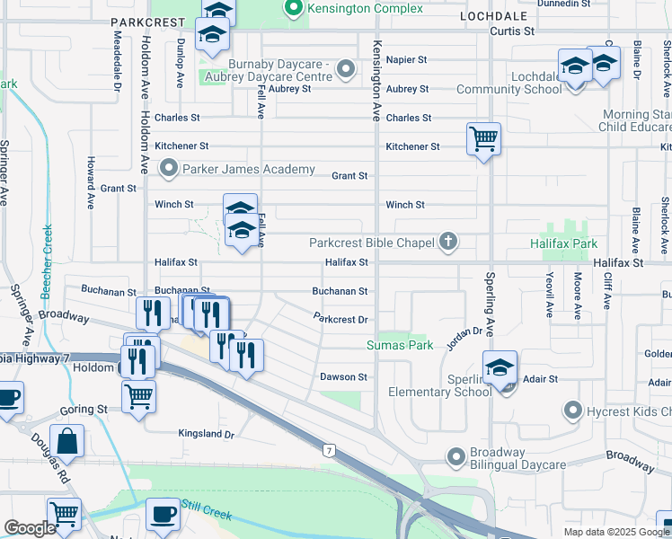 map of restaurants, bars, coffee shops, grocery stores, and more near 6320 Halifax Street in Burnaby