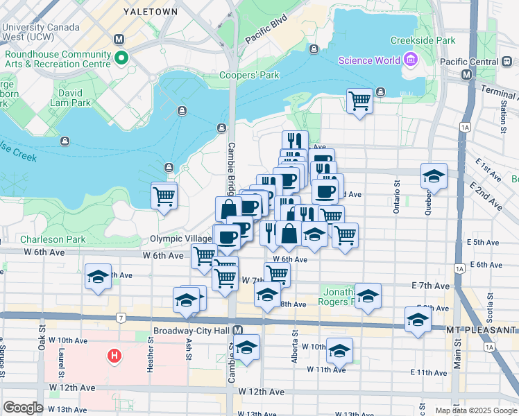 map of restaurants, bars, coffee shops, grocery stores, and more near 1988 Wylie Street in Vancouver