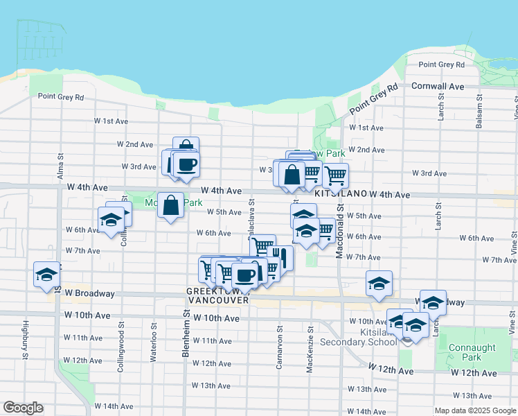 map of restaurants, bars, coffee shops, grocery stores, and more near 3075 West 5th Avenue in Vancouver