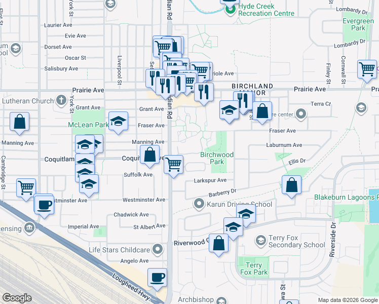 map of restaurants, bars, coffee shops, grocery stores, and more near 3046 Coast Meridian Road in Port Coquitlam