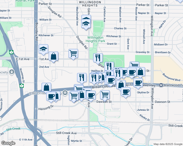 map of restaurants, bars, coffee shops, grocery stores, and more near 1888 Gilmore Avenue in Burnaby