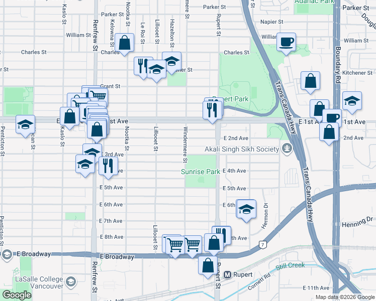 map of restaurants, bars, coffee shops, grocery stores, and more near 3205 East 3rd Avenue in Vancouver
