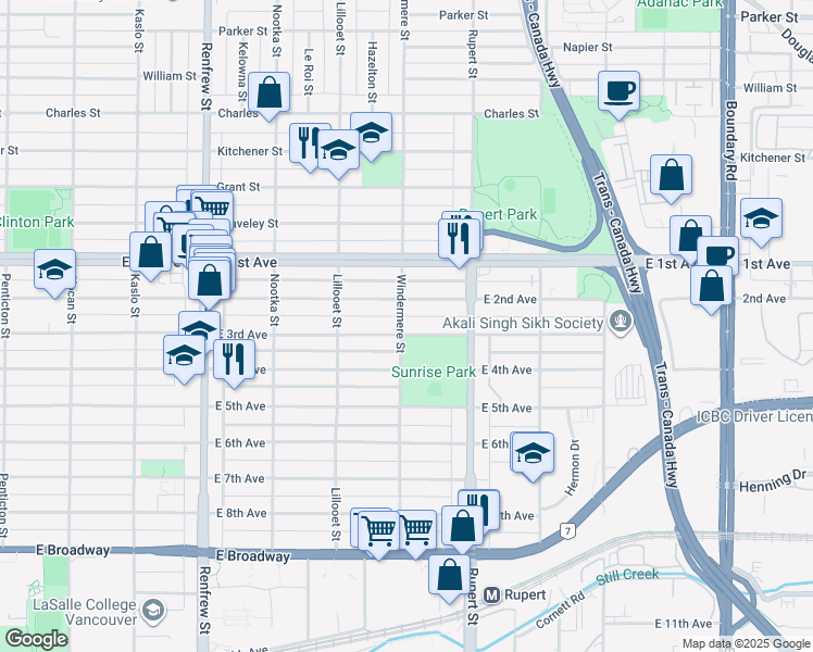 map of restaurants, bars, coffee shops, grocery stores, and more near 3205 East 3rd Avenue in Vancouver