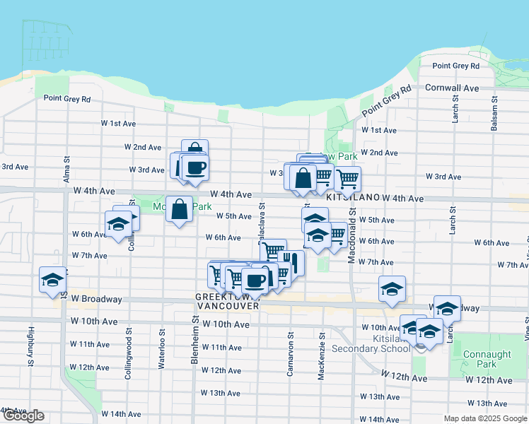 map of restaurants, bars, coffee shops, grocery stores, and more near 3095 West 5th Avenue in Vancouver