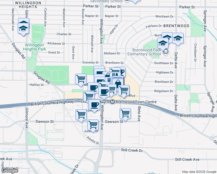 map of restaurants, bars, coffee shops, grocery stores, and more near 4650 Brentwood Drive in Burnaby