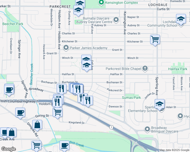 map of restaurants, bars, coffee shops, grocery stores, and more near 6120 Halifax Street in Burnaby
