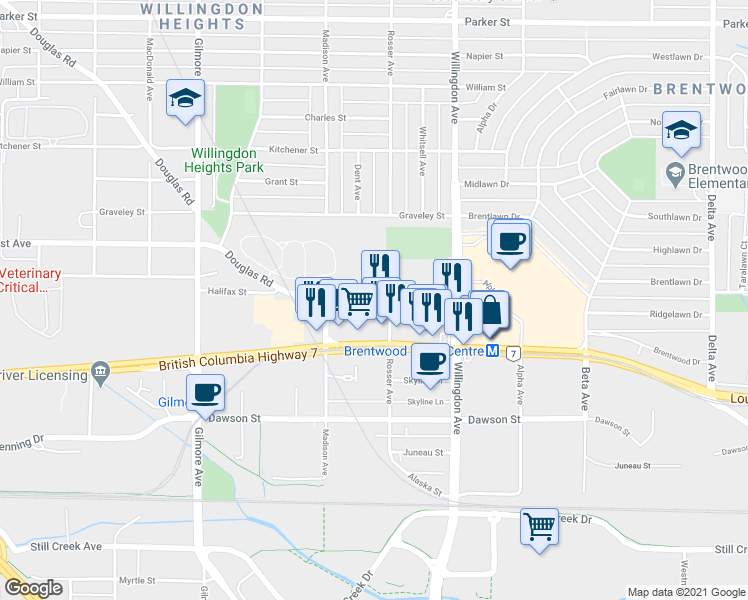 map of restaurants, bars, coffee shops, grocery stores, and more near 1809 Rosser Avenue in Burnaby