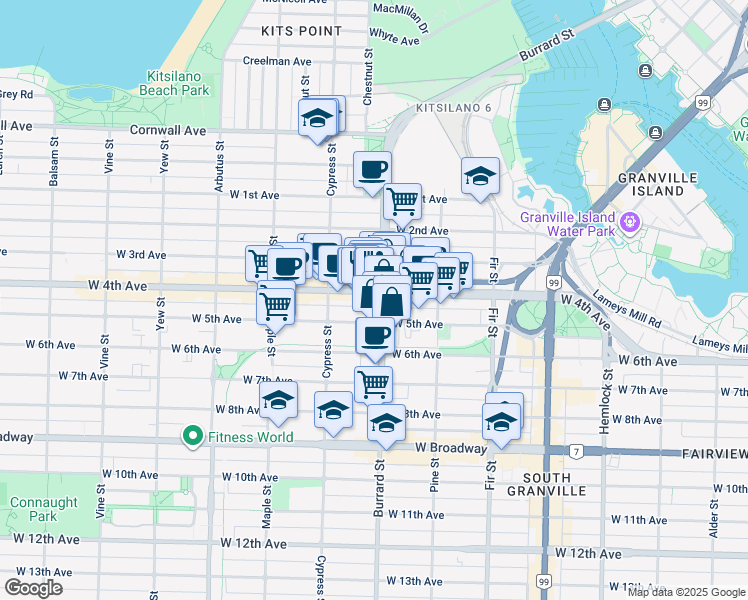 map of restaurants, bars, coffee shops, grocery stores, and more near 1787 West 4th Avenue in Vancouver