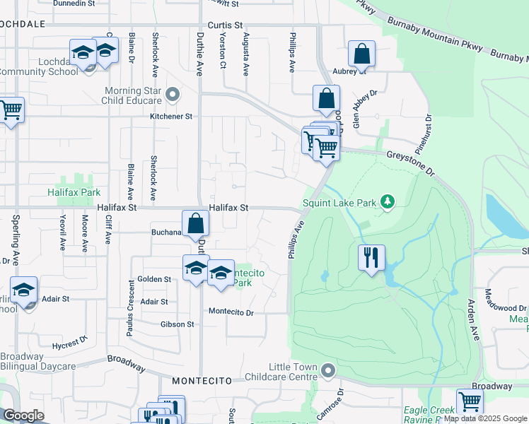 map of restaurants, bars, coffee shops, grocery stores, and more near 1825 Goleta Drive in Burnaby