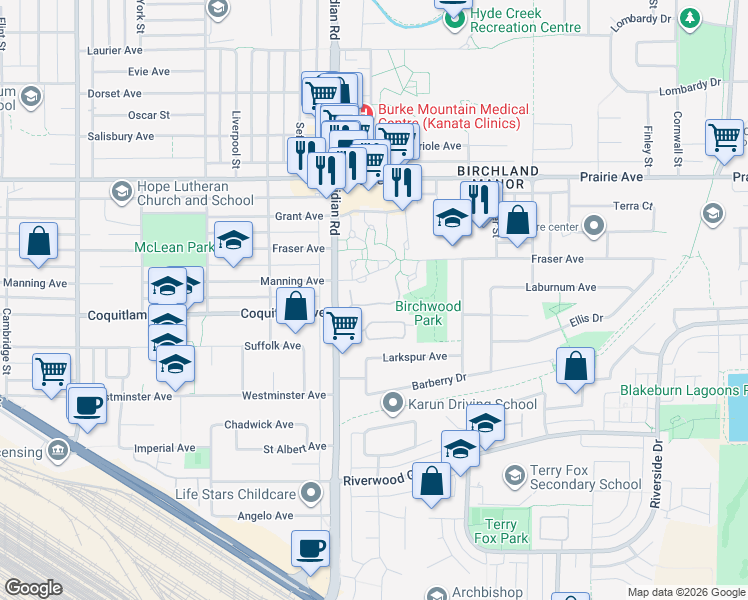 map of restaurants, bars, coffee shops, grocery stores, and more near 38 Coquitlam Avenue in Port Coquitlam