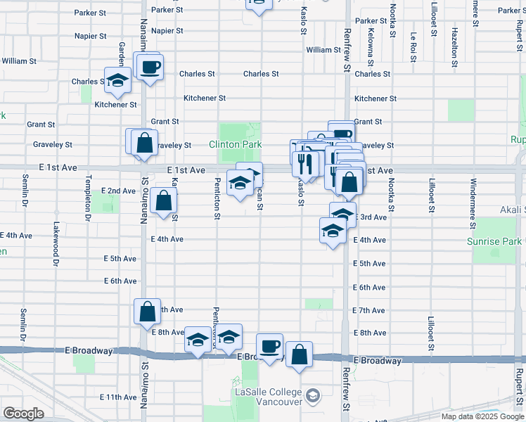 map of restaurants, bars, coffee shops, grocery stores, and more near 2705 East 3rd Avenue in Vancouver