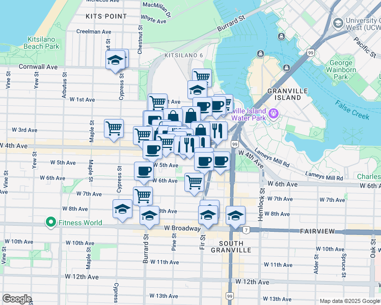 map of restaurants, bars, coffee shops, grocery stores, and more near 1680 West 4th Avenue in Vancouver