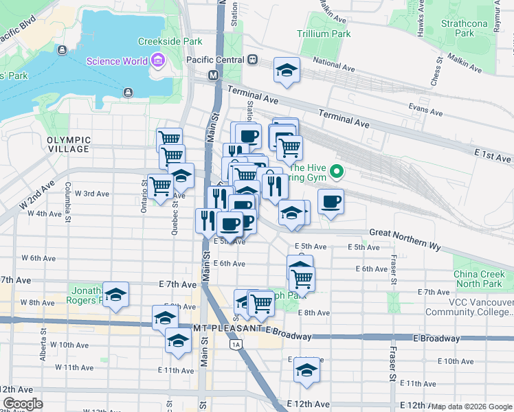 map of restaurants, bars, coffee shops, grocery stores, and more near 1888 Scotia Street in Vancouver