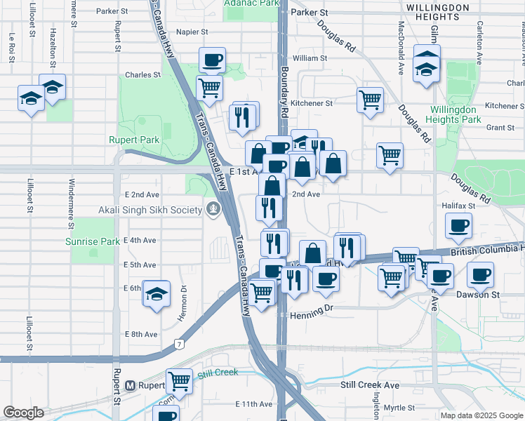 map of restaurants, bars, coffee shops, grocery stores, and more near in Vancouver