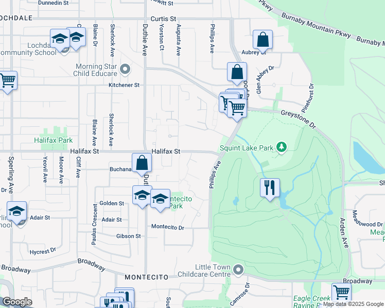 map of restaurants, bars, coffee shops, grocery stores, and more near 1829 Goleta Drive in Burnaby