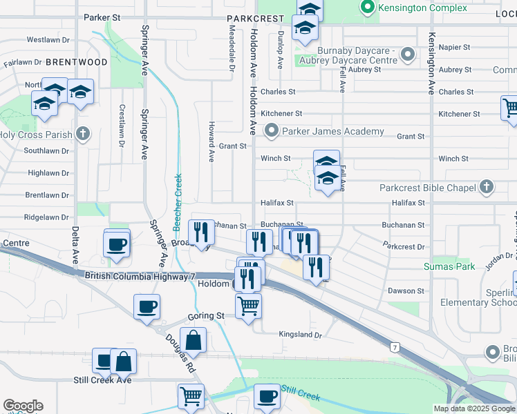 map of restaurants, bars, coffee shops, grocery stores, and more near 5740 Halifax Street in Burnaby