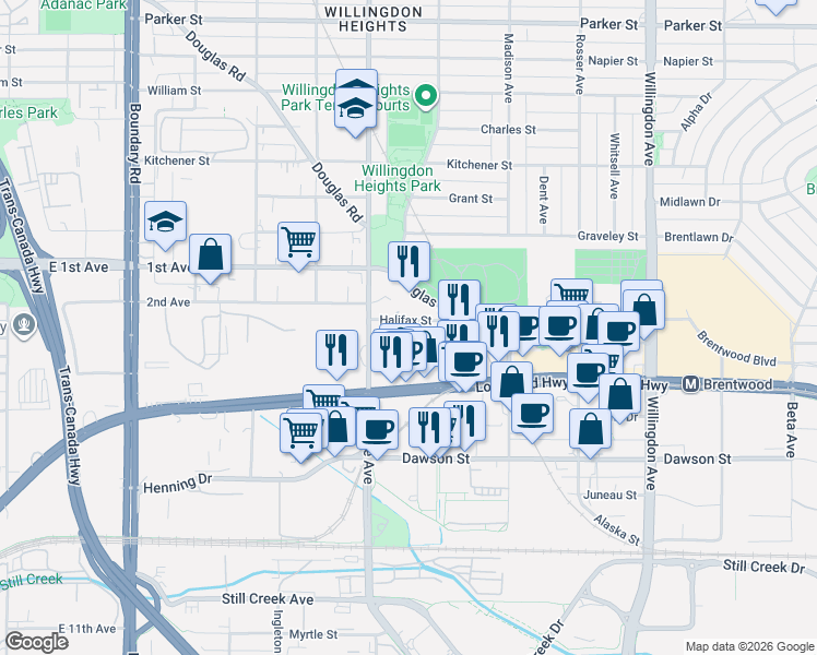 map of restaurants, bars, coffee shops, grocery stores, and more near 4132 Halifax Street in Burnaby